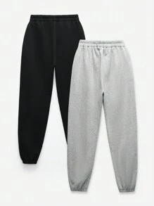 SHEIN EZwear 2 piezas Conjunto de pantalones jogger con cintura elástica de unicolor para mujer