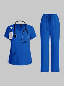 TaskEZ Set de 2 piezas de uniforme de enfermera, blusa de manga corta y pantalones para verano - azul real - Ver 3