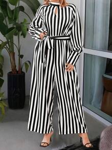 Plus Size Stand Collar Long Sleeve Belted Striped Casual Jumpsuit