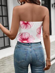 SHEIN LUNE Women Autumn White Floral Print Crop Top - White - View 2