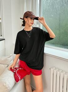 SHEIN EZwear Chất rắn Áo thun Thả vai - màu đen - Xem 6