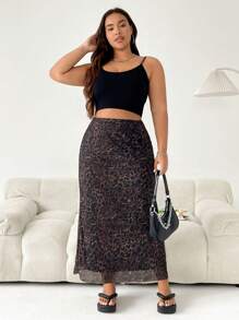 SHEIN EZwear Plus Size Vintage Leopard Print Mesh Maxi Skirt - Chocolate Brown - View 5