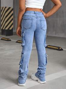 SHEIN Tween Girls Tween Girls Y2K Stonewashed Denim Cargo High Waisted Flared Pants With Pleats And Flap Pocket Stacked Jeans,Tween Girl Back To School Fall Clothes Outfits - Blue - View 2