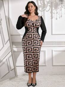 Modelyn Plus Size Women's Spring & Summer Geometric Print V-Neck Lantern Sleeve Ruched Fitted & Elegant Dress