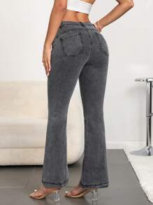 SHEIN Essnce Vaqueros casuales lavados y ajustados con pierna acampanada - Negro - Ver 2