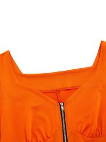 SHEIN LUNE Bộ đồ liền thân thường ngày tay bồng cổ bán nguyệt khóa kéo màu trơn mùa hè cho nữ - trái cam - Xem 3