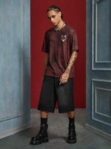 IT x SHEIN Men's Casual Dark Style Cartoon & Letter Print Tie-Dye Loose Short Sleeve T-Shirt, Summer - Burgundy - View 3