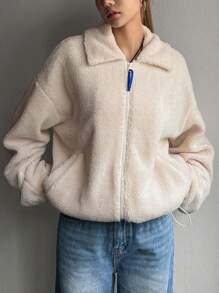 DAZY 女士秋冬宽松休闲翻领落肩长袖抓绒外套，保暖内衬女式大衣 - 米色 - 查看 6