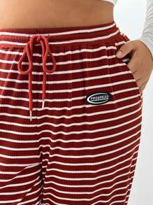 SHEIN EZwear 大码女式夏季休闲宽松高腰直筒裤带口袋，红色条纹针织面料 - 乾枯玫瑰色 - 查看 7