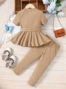 SHEIN 2 件套年轻女孩针织纯色圆领修身休闲上衣和修身长裤套装 - 卡其色 - 查看 2