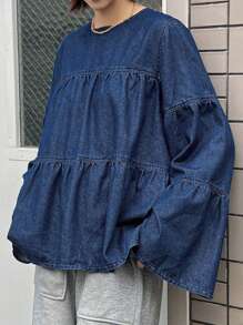 FRIFUL 女式纯色荷叶边下摆圆领牛仔褶裥衬衫、返校服、牛仔夹克、秋季女装 - 藍色 - 查看 8
