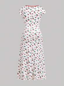 Sweetra 大码女式樱花印花甜心领短袖连衣裙，春秋季长款女装，适合夏季 - 彩色 - 查看 2