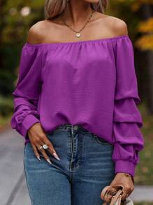 SHEIN Clasi 女式不对称长袖纯色露肩衬衫 - 紫色 - 查看 6