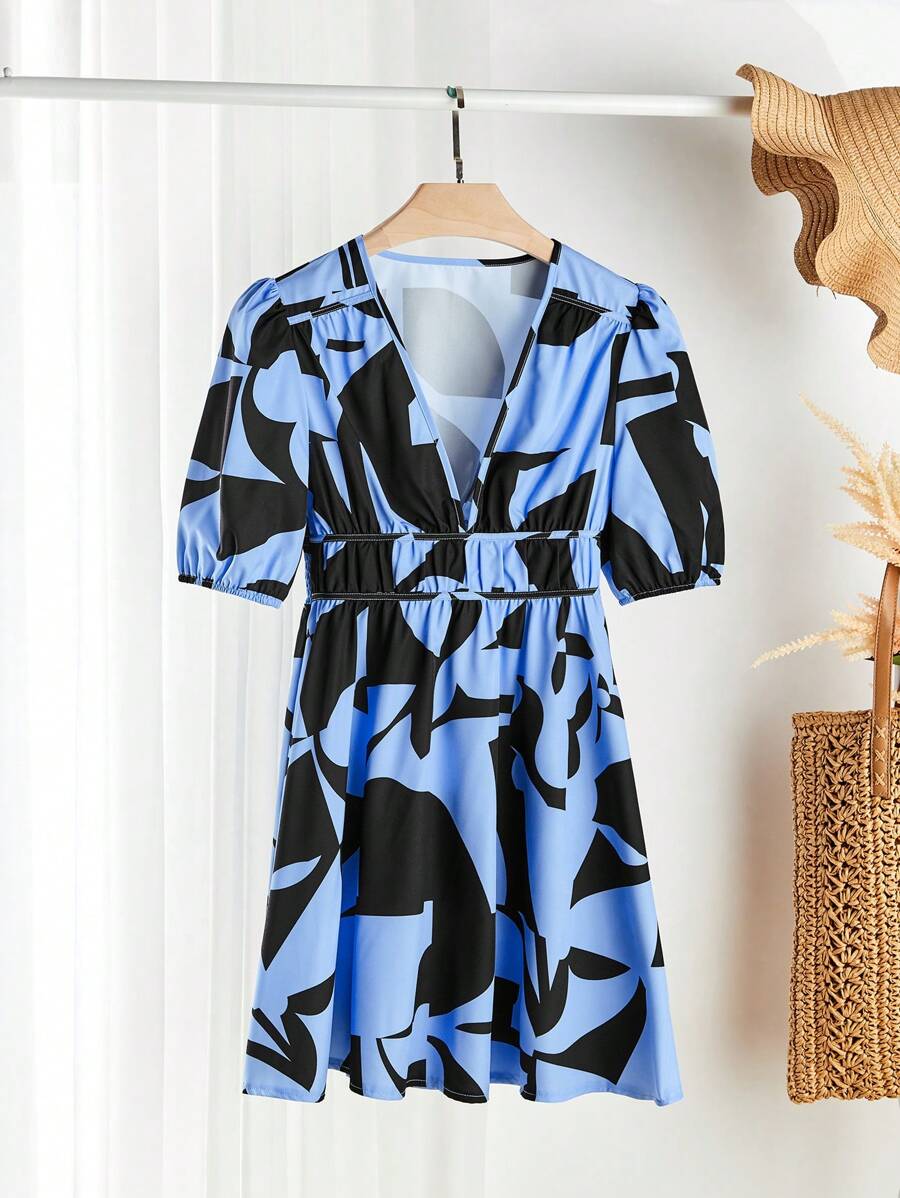 SHEIN LUNE Women's V-Neck Short Sleeve Allover Print Ruched Casual Mini Dress - Blue - View 1