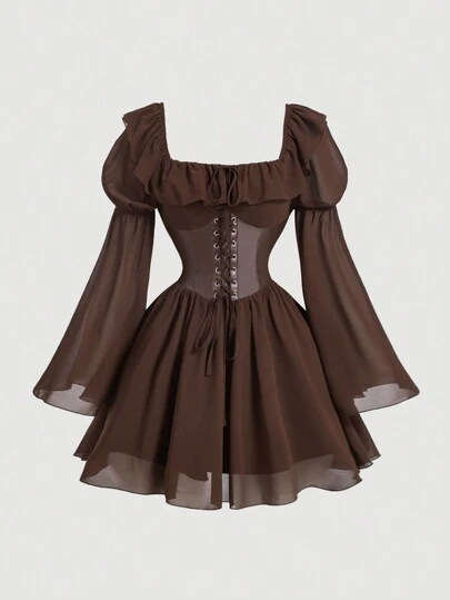 SHEIN MOD Brown Chiffon Patchwork PU Waist Vintage Flare Sleeve A-Line Dress,Semi Formal Dress,Fall Women Clothes,Ruffle Dress,Formal Dress, Homecoming Dresses,Prom Dress,Renaissance Dress,Cruise Women Outfits,Fairy Core,Cottage Core, Clothes,90s Outfit