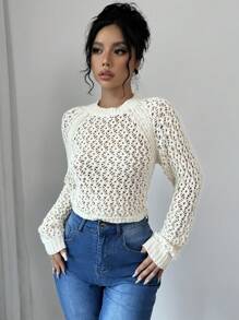 Chiquease Women's Plain Round Neck Raglan Sleeve Hollow Out Fashionable Sweater, For Spring & Autumn, Knit Pullover Fall Winter - Apricot - View 3