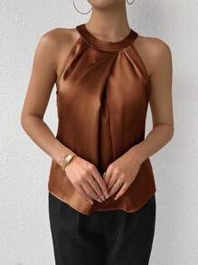 SHEIN Privé Áo cánh không tay xếp ly cổ bẻ màu sâm panh cho nữ đi làm, đơn giản thanh lịch - màu nâu - Xem 3