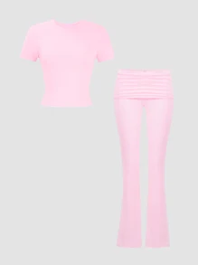 情人节休闲纯色修身短袖上衣和喇叭裤针织运动两件套