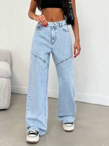 SHEIN Cottnline 100% Cotton High Waist Sewing Detailed Wideleg Jean - Light Wash - View 4