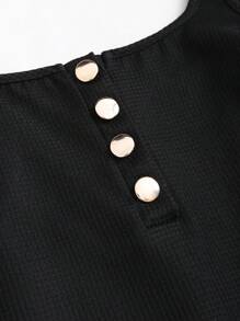 SHEIN Unity 女式夏季金属纽扣装饰方领无袖休闲连衣裙 - 黑色 - 查看 4