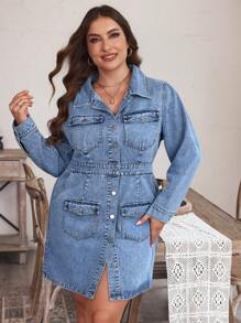 SHEIN LUNE Plus Size Women's Spring & Summer Long Sleeve Denim Dress With Multiple Pockets And Single-Breasted Design - Blue - View 2