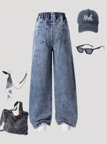 SHEIN Explorewe Tween Girls Fashionable Colorful Graffiti & English Print Distressed Loose Fit Wide Leg Jeans - Dark Wash - View 2