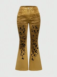 ROMWE Jeans acampanados con estampado ombre de leopardo desgastado estilo Y2K - Amarillo - Ver 1