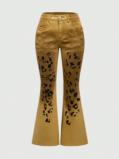 Y2K Jeans mit abgenutzter Farbverlauf Leoparden Optik und Weitem Bein