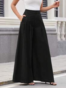 SHEIN Essnce Women's Fashionable Solid Color Wide Leg Jeans