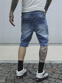 Manfinity Homme 男士简约前扣口袋休闲牛仔短裤 - 中等水洗藍 - 查看 2