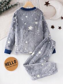 2 件 Tween Boy 夜光星星图案羊毛拼色罗纹运动衫和裤子休闲舒适睡衣套装