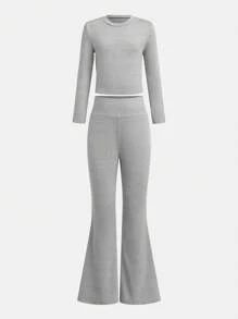 2sets Tween Girl Basic Grey & Black Long Sleeve Knit Top & High Waist Flare Knit Pants Sets