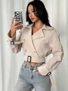 SHEIN EZwear Beige Cropped Belted Hem Trench Coat - Khaki - View 6