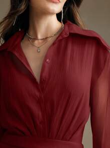 Anewsta 女士欧美小众设计荷叶边下摆休闲褶皱腰荷叶边迷你连衣裙酒红色欧根纱女装 - 酒紅色 - 查看 7