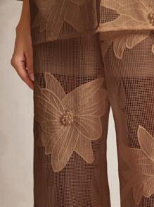 Anewsta 2件浪漫纯色镂空刺绣花卉休闲套装 - 棕色 - 查看 6