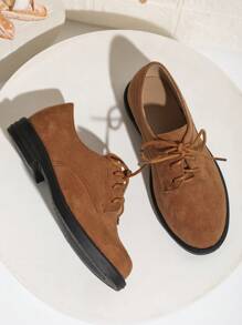 1pair Boys Simple Style Solid Faux Suede Lace-Up Casual Shoes, Wear-Resistant Anti-Slip, Autumn/Winter - Brown - View 5