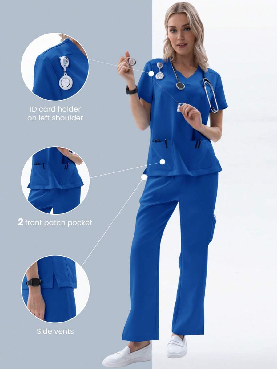 TaskEZ Set de 2 piezas de uniforme de enfermera, blusa de manga corta y pantalones para verano - azul real - Ver 1