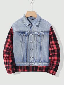 SHEIN Tween Boys Distressed Plaid Patchwork Denim Blue Jacket,For Back To School Clothes And Fall Clothes - Multicolor - View 4