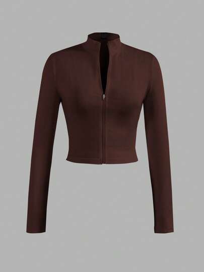 Slaydiva Women's Casual Basic Zip-Up V-Neck Long Sleeve Tight Fit Jacket - E In Fall/Winter