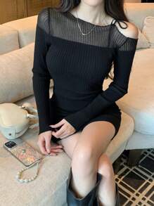 DAZY 女士不对称肩部系带拼布毛衣裙，适合派对/返校季、秋季服装