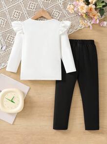 2 pezzi/Set Outfit alla moda e carino per bimbe piccole con maglietta a maniche lunghe con scollo a equipaggio e stampa a matita e pantaloni casual, primavera e autunno - Multicolore - Visualizzare 2