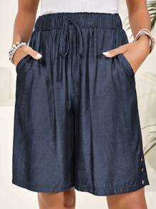 EMERY ROSE Women's Solid Color Waist Tie Pocket Loose Casual Shorts