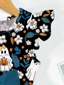 SHEIN Vestido de manga larga con línea A, estampado de lazos, flores de dibujos animados, calabaza, fantasma, adecuado para otoño/invierno, Halloween, vestido blanco para niñas, disfraz de Halloween, ropa de otoño para niñas, Halloween para niñas, vestido de fiesta de Halloween, vestido lindo