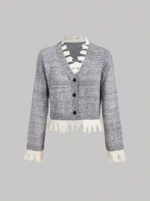 SHEIN MOD Contrast Color Asymmetrical Hem Knitted Cardigan,Fall,Business Casual,Fairy Core,90s - Grey - View 1