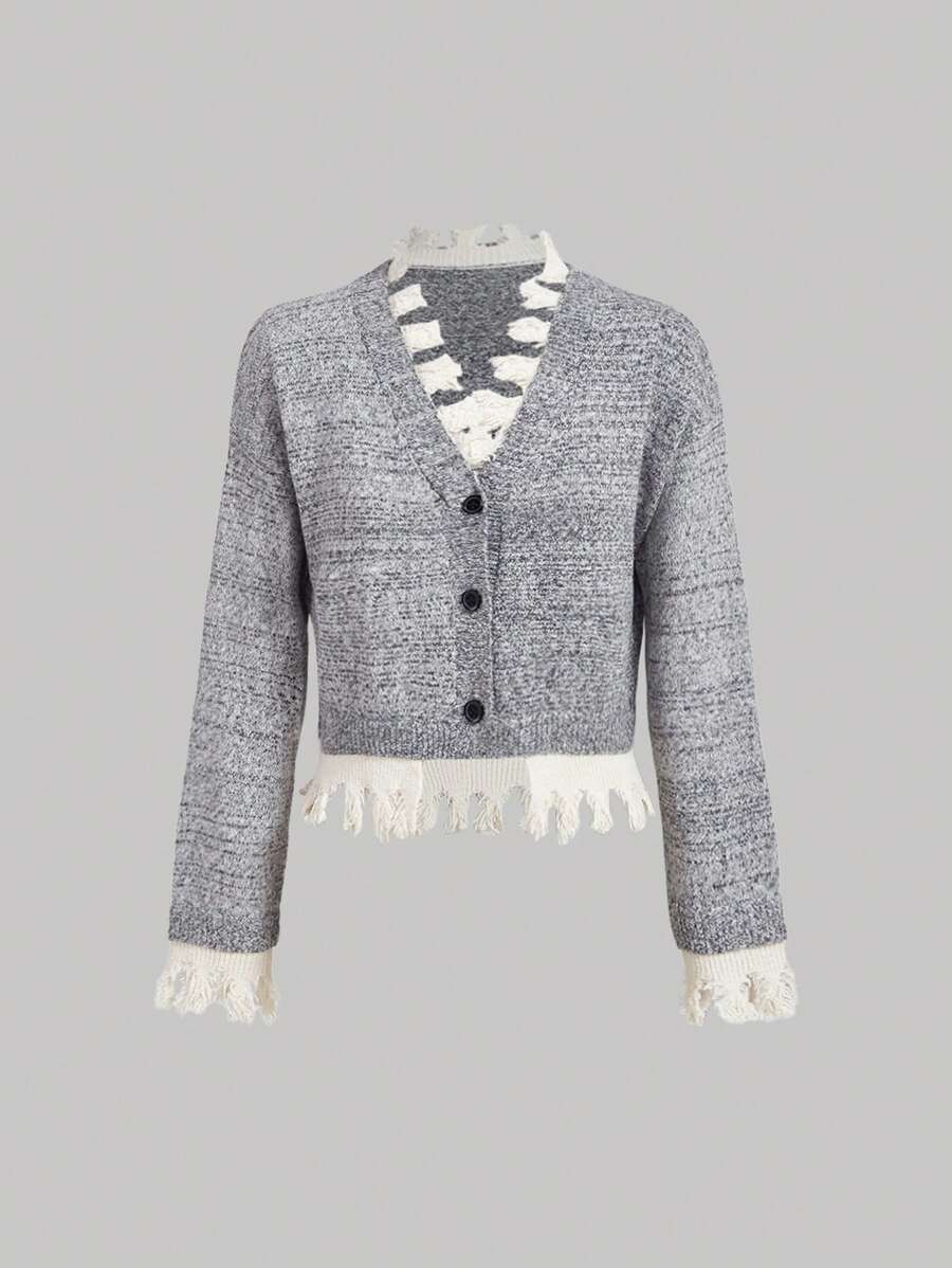 SHEIN MOD Contrast Color Asymmetrical Hem Knitted Cardigan,Fall,Business Casual,Fairy Core,90s - Grey - View 1