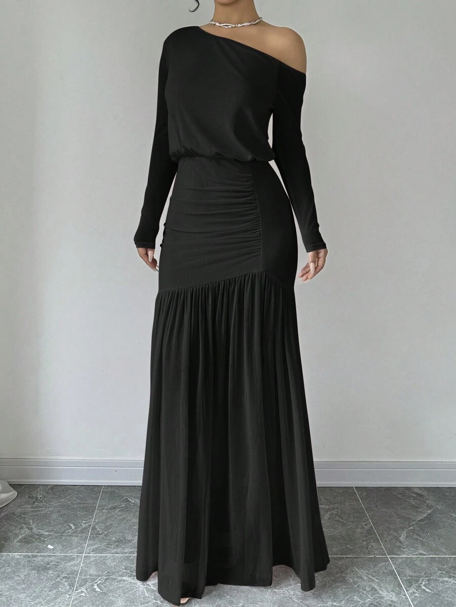 Selianne Elegant Asymmetrical Neck Dress For Women Maxi Women Outfit Fall Cloth For Women - Black - View 1