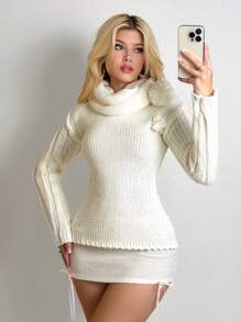 SHEIN Unity Solid Color Long Sleeve Ball Decor Loose Casual Hooded Sweater, Winter, Knit Pullover Fall - Apricot - View 5