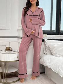 Moonlight&Mama Bộ đồ ngủ dài tay cổ bẻ viền ren Jacquard màu tương phản dành cho phụ nữ mang thai - Bụi hồng - Xem 5