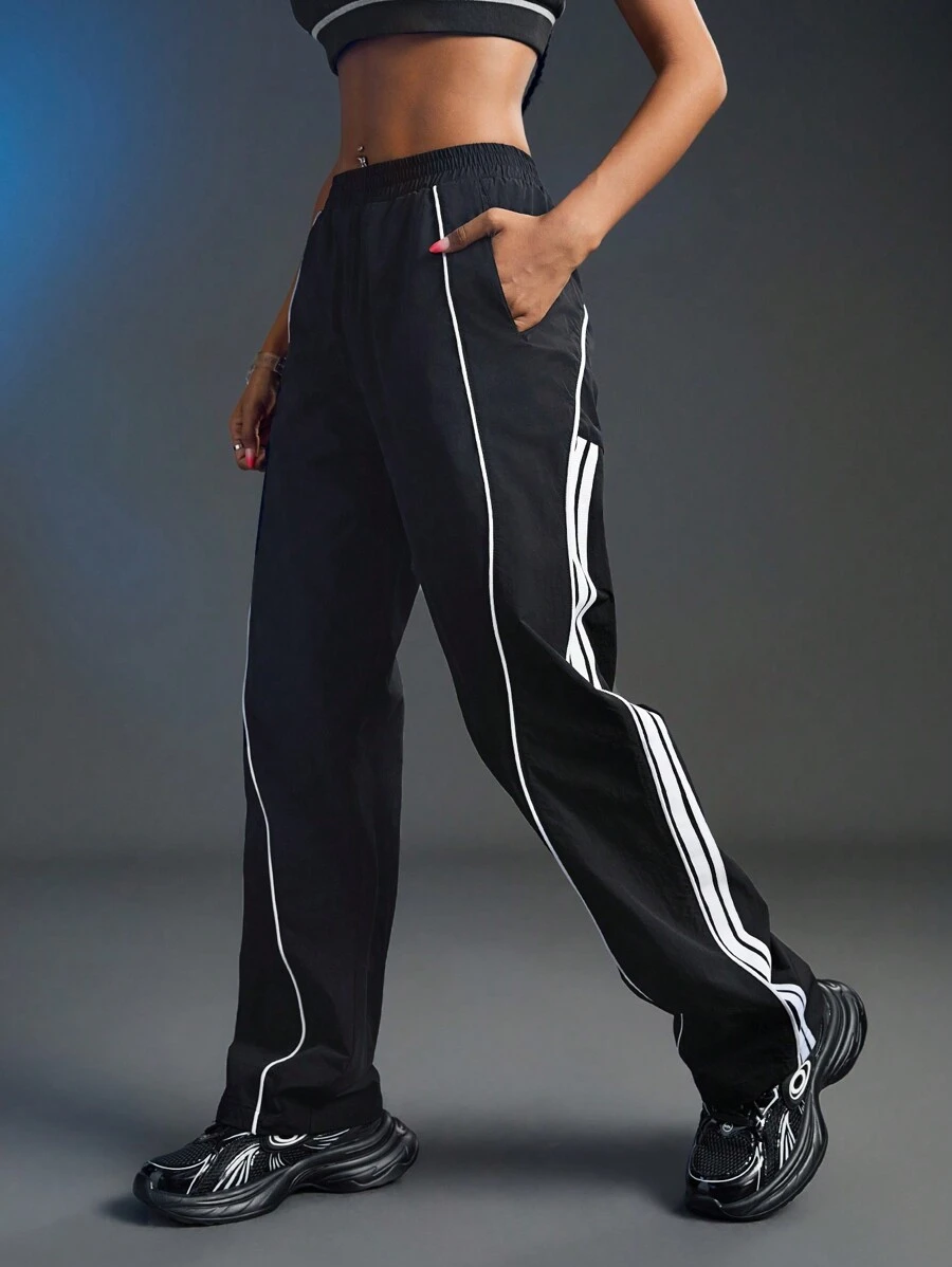 SHEIN Sports 女式复古条纹宽松休闲裤 - 黑色 - 查看 1