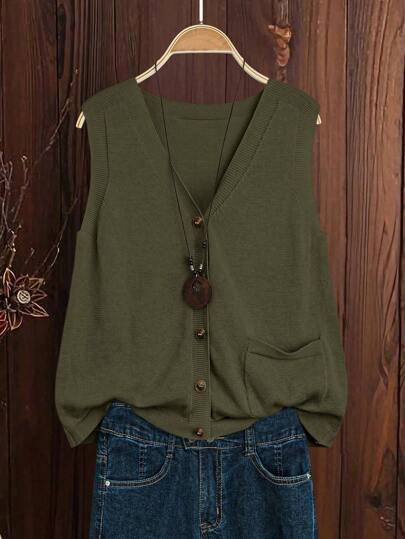 EMERY ROSE 女士新款 V 领单排扣口袋针织毛衣背心，百搭简约设计